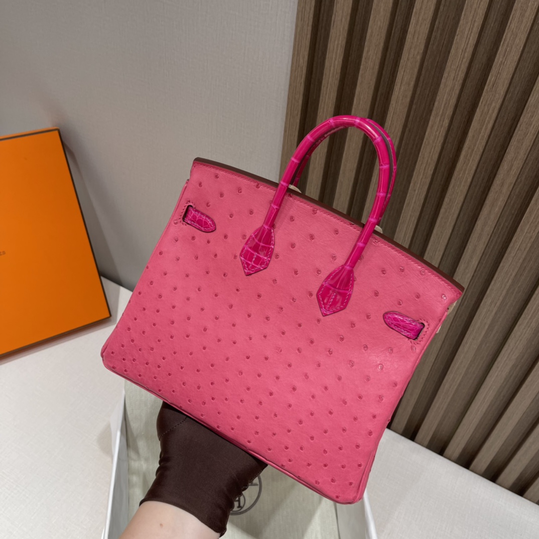 에르메스 버킨백25 티리엔 핑크 금장 타조가죽 악어가죽 핸들